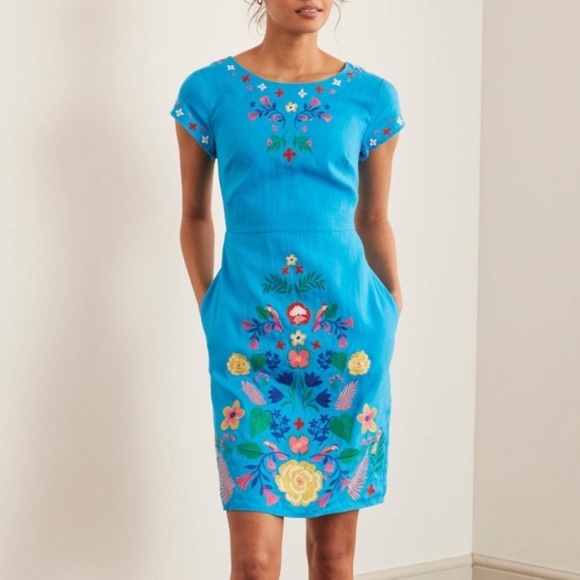 Boden Dresses & Skirts - Boden Laura Linen Blue Lagoon Shift Dress Floral Embroidered Size 2R